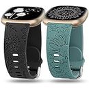 TOYOUTHS 2 Packs Compatible with Fitbit Sense Bands/Sense 2 Band/Versa 3 Band/Versa 4 Band Women Floral Engraved Silicone Strap Dressy Sunflower Dandelion Pattern Sport Bracelet, Black+Cactus Green