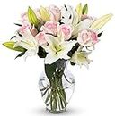 BENCHMARK BOUQUETS - Pink Roses & Lilies (Glass Vase Included), Next-Day Delivery, Gift Fresh Flowers for Birthday, Anniversary, Get Well, Sympathy, Graduation, Congratulations, Thank You