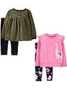 Simple Joys by Carter's Girls' 4-Piece Long-Sleeve Shirts and Pants Playwear Set, Black/Navy Floral/Olive/Pink Dinosaur, 12 Months