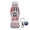 UFIT High 22g Protein Shake, No Added Sugar, Low in Fat, Strawberry Flavour Ready to Drink, Pack of 12 x 310 ml with Key Ring