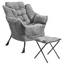 Modern Lazy Chair with Ottoman, Single Sofa Chair with Pocket and Armrests, Soft Upholstered Modern Leisure Chairs Set, Suitable for Living Room, Bedroom, Grey