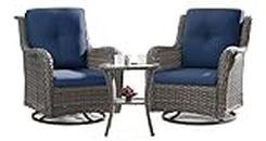 Joyside Outdoor Swivel Rocker Patio Chairs Set of 2 and Matching Side Table - 3 Piece Wicker Patio Bistro Set with Premium & Soft Fabric Cushions(Mixed Grey/Blue)