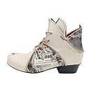 TMA EYES Lace Up Newspaper Print Leather Women's Ankle Boots, White, 9