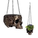 Skeleton Halloween Hanging Skull Plant Planter Pot - with Metal Chain & Hooks - 6" H Skulls Pot Indoor Plants & Flowers - Home Spooky Goth Decor, Bronze - Holiday for Her, Him