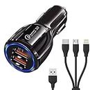 30W Car Charger for Apple iPhone 6s Dual USB Port Car Charger High Speed Quick Rapid Fast Turbo Charge QC 3.0 Smart with 1.2m 3-in-1 Multi Cable Micro USB Android iOS Type-C USB Cable (Black, SE.I3)