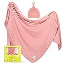 Large Stretchy Swaddle Blankets 47" - Newborn Bamboo Swaddle and Hat Set - Jersey Receiving Baby Blanket for Boys & Girls - Soft Stretch Infant Wrap 0-3 Months by Lubella Supply Company (Blush Pink)