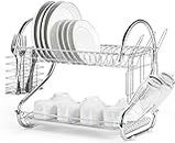 TBM 2 Tier Dish Drainer Rack with Utensil Holder/Dish Drying Organizer/Cup Holder and Dish Drainer for Kitchen Counter Top/Silver (Chrome Plated)