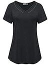 MISS FORTUNE v Neck Athletic Shirts for Women, Black Long Workout Shirts Loose Fit Yoga Top Exercise Clothing Plus Size 1x