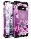 LONTECT for Galaxy S10 Plus Case Shockproof 3 in 1 Heavy Duty Hybrid Sturdy High Impact Protective Cover Case for Samsung Galaxy S10+ Plus 6.4 inch,Purple Flower/Black