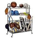 Garage Sports Equipment Organizer, Sports Equipment Storage for Garage with Baskets and Hooks, Rolling Basketball Racks for Balls with Wheels, Outdoor Toy Storage (Black)