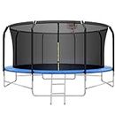 14FT Trampoline with Basketball Hoop, Outdoor Big Trampoline with Strong Net and U-Shape Legs, Outdoor Games Recreational Trampoline with Ladder for Adults Boys and Girls, Blue
