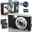 Appareil Photo Numérique Compact 4K Autofocus avec Carte SD 32G Double caméra Avant et arrière, HD 48MP avec Grand écran 2.8", Zoom numérique 16X, pour Les débutants (Noir)