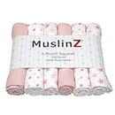 MousselinZ 6pk Baby Muslin Squares Burp Cloths 100% Pure Soft Cotton 70x70cm Pink Stars