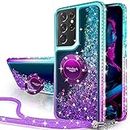 Miss Arts for Samsung S21 Ultra Case, [Silverback] Moving Liquid Holographic Glitter Case With Kickstand, Girls Women Bling Diamond Ring Slim Protective Cover for Samsung Galaxy S21 Ultra 5G -Purple