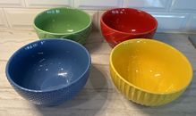 Daily Chef Ceramic Bowls Set of 4 Red Green Blue Yellow Embossed 6" x 3.5"