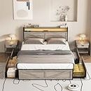 Halitaa LED Queen Size Bed Frame with Charging Station & 4 Drawers, Platform Metal Bed Frame with Headboard USB Ports Outlets, Farmhouse Bed Frame with LED Lights, Noise Free, Wash Grey (Queen)