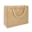 Natural Jute Shopper Bag with Padded Handles Reusable Tote Shopping Bag Burlap Grocery Bag Eco-friendly Shopping Storage Handbag Waterproof Lining Carrier Bag for Shopping Beach Picnic Party Gift Bag, Horizontal, Size S(30*24*10cm/11.8*9.4*3.9 Inch)