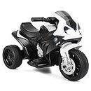 OLAKIDS Kids Ride on Motorcycle, 6V Licensed BMW Electric Motor with Music, Foot Pedal, Headlight, Leather Seat Cushion, 4 Wheels Battery Powered Tricycle Toy for Boys Girls (Dark)