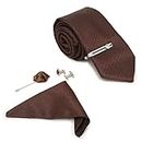 MUTAQINOTI Mens Flowral Brown Woven Premium Silk Necktie Suit Accessories Set With Pocket Square Cufflinks Brooch Tie Pin (TECP2)