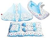 VParents Baby Bedding Set with Mosquito net Sleeping Bag and 4 Piece Gadda Set with Pillow and Bolsters Combo 0-6 Months Joy (Blue) 110326