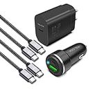 Super Fast Charger Type C Kit, VELOGK 25W PD PPS USB C Wall/Car Charger for Samsung Galaxy S24/S23 Ultra/S23+/S23/S22/S21/S20/Plus/Ultra/FE/Note 20/A71, iPad Pro, with 2X Nylon USB C-to-C Cable(3.3ft)