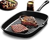 Billord Cast Iron Grill Pan, Steak Frying Pan, Cast Iron Skillet (10.5 Inch), Cast Griddle Pan, Black