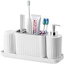 VITVITI Plastic Toothbrush Holder, Bathroom Organizer Countertop, Bathroom Counter Asseccories Storage Set with Tumbler, Soap Dispenser, Drainage Tray, for Bathroom/Toothpaste/Kids - White
