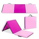 Matladin 6' Folding Tri-fold Gymnastics Gym Exercise Aerobics Mat, 6ft x 2ft x 2in PU Leather Tumbling Mats with Hook & Loop Fastener for Stretching Yoga Cheerleading Martial Arts (Purple&Pink)