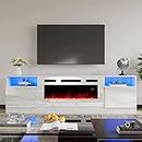 AMERLIFE TV Stand with Fireplace, LED Light Entertainment Center with 36" Electric Fireplace, 70" Modern Wood Entertainment Stand with Highlight Storage Cabinet for TVs up to 80", White