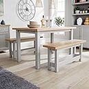 Home Source Kitchen Dining Table Set, 2 Benches, Oak Effect, Grey