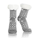WOJWSKI Womens Slipper Socks Cozy Fuzzy lined Warm Indoor Winter Fleece lined Non Skid Reindeer floor Socks（Grey）
