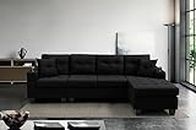 Reversible Sectional Fabric Sofa Couch with Built-in Cup Holder and Tufted Chaise Lounge (Black)