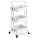 3-Tier Rolling Utility Cart, Multifunctional Metal Organization Storage Cart with 2 Lockable Wheels for Office, Home, Kitchen, Bedroom, Bathroom, Laundry Room by Pipishell (White)