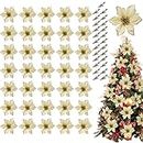 OurWarm 50pcs Glitter Poinsettia Christmas Tree Ornaments Poinsettia Artificial Flowers for Christmas Decorations Gold