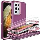 for S21 Ultra Case,Samsung Galaxy S21 Ultra Case with Self Healing Flexible TPU Screen Protector [2 Pack],HONG-AMY 3 in 1 Full Body Shockproof Heavy Case for Galaxy S21 Ultra (Purple/Pink)