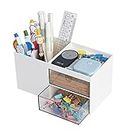 LETURE Office Desk Organizer with drawer, Office Supplies and Desk Accessories, Business Card/Pen/Pencil/Mobile Phone/Stationery Holder Storage Box (White)