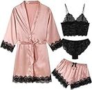 Elecurve Sleepwear Lingerie Set | Robe, Bralette & Pajama Short for Women (Valentine's Day Gift S, Pink)
