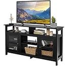 COSTWAY TV Stand for TVs up to 65", Wooden Television Media Entertainment Center with 4 Open Shelves & 2 Side Cabinet, Living Room Bedroom TV Unit Console Table for 18" Electric Fireplace (Black)