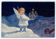 Postal Noruega de Navidad Little Angel sosteniendo velas escena de casa de invierno de la década de 10