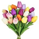 Winlyn 20 Pcs 10 Colors Artificial Tulip Flowers Stems Real Touch PU Tulips Multicolor Fake Tulip Bouquets Wedding Easter Spring Floral Arrangements Home Table Decorations