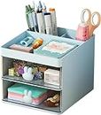 House of Quirk Small Desk Organizer With Drawer,Multi-Functional Pen Pencil Holder Storage Box For Desk & Accessories With 3 Compartments + 2 Drawer For Office Art Supplies (Blue)