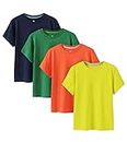 LAPASA 4 Pack 100% Cotton Kids Plain T-Shirts Hypoallergenic Tee for Boys Girls Children School Uniform K01 (Neon Yellow, Orange, Dark Green, Navy Blue, 9-10 Years)
