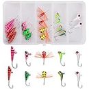 OROOTL Ice Fishing Lures Kit - 18pcs Ice Fishing Jigs Heads with Single Treble Hooks Hard Metal Bait for Winter Ice Jigging Bass Walleye Pike Carp Catfish Trout Perch with Tackle Box