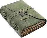 TUZECH Vintage Leather Journal - Antique Handmade Deckle Edge Vintage Paper Leather Bound Journal - Book of Shadows Journal - Leather Sketchbook - Drawing Journal (7x5 Inches) (Green)