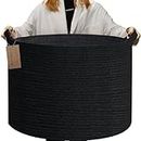 MXMHOME Black Large Blanket Basket, 23.6”x 23.6”x 14.1” Woven Rope Baskets for Storage, Storage Baskets Bins for Organization Dog Toy Storage Baskets Bins Black Decorative Basket Living Room