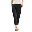 Linen-Cotton Women's Large Size Loose Pants, Casual Loose Cargo Pants Elastic Waist Ankle Cropped Trouser with Pockets (Black,M)