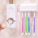 Hands Free Wall Mounted Plastic Dust Proof Automatic Toothpaste Dispenser and Detachable Hole 5 Toothbrush Holder, White