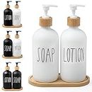 2 Pack Glass Soap Dispenser Set, 17 oz Hand Soap and Lotion Dispenser Set with Bamboo Pumps and Tray for Kitchen Farmhouse Bathroom Decor (White)