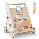BABY JOY Wooden Baby Walker, Push and Pull Sit-to-Stand Learning Walker Activity Center, Toddler Montessori Educational Toy, Develops Motor Skills & Stimulates Creativity, Push Walker for Boys Girls