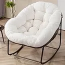 Villeston Outdoor Papasan Rocking Chair - Oversized Comfy Patio Chair Indoor Egg Royal Rattan Rocking Chair with Cushion for Front Porch Lounge Lawn Bedroom Living Room (White Teddy)